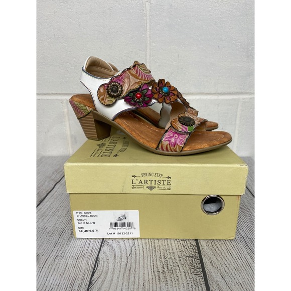L'Artiste Floral‎ Leather Sandals Heels Blue Multi Flower Embellished Size 37 - Picture 1 of 7